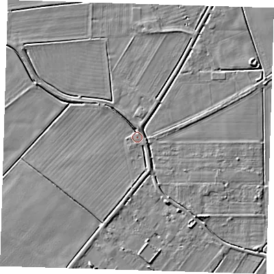 Shaded relief map of the ground around PE134TW, computed from Environment Agency LiDAR. The ground here sits at about 3 m above sea level and falls 5 m across the surrounding 800 m. Surface water reaching this point runs off ground lying to the south-south-east, 2.4 m higher.