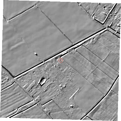 Shaded relief map of the ground around PE134TX, computed from Environment Agency LiDAR. The ground here sits at about 2 m above sea level and falls 5 m across the surrounding 800 m. Surface water reaching this point runs off ground lying to the north-east, 2.2 m higher.