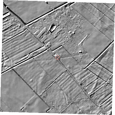 Shaded relief map of the ground around PE134TY, computed from Environment Agency LiDAR. The ground here sits at about 2 m above sea level and falls 5 m across the surrounding 800 m. Surface water reaching this point runs off ground lying to the south-south-east, 1.9 m higher.