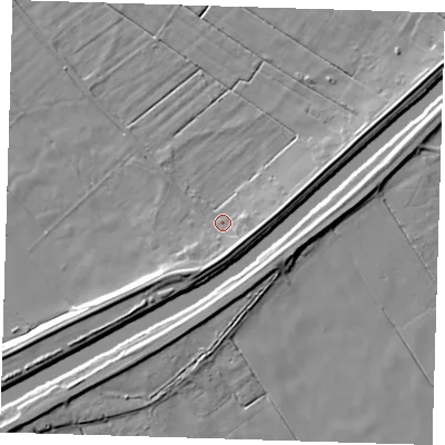 Shaded relief map of the ground around PE134TZ, computed from Environment Agency LiDAR. The ground here sits at about 2 m above sea level and falls 7 m across the surrounding 800 m. Surface water reaching this point runs off ground lying to the south, 4.7 m higher.