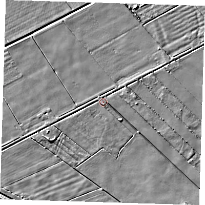 Shaded relief map of the ground around PE134UA, computed from Environment Agency LiDAR. The ground here sits at about 2 m above sea level and falls 8 m across the surrounding 800 m. Surface water reaching this point runs off ground lying to the south-east, 2.5 m higher.