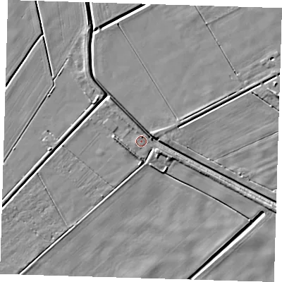 Shaded relief map of the ground around PE134UB, computed from Environment Agency LiDAR. The ground here sits at about 2 m above sea level and falls 5 m across the surrounding 800 m. Surface water reaching this point runs off ground lying to the east-south-east, 3.0 m higher.