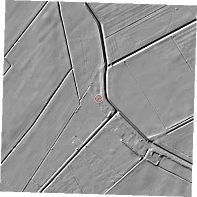 Shaded relief map of the ground around PE134UD, computed from Environment Agency LiDAR. The ground here sits at about 2 m above sea level and falls 5 m across the surrounding 800 m. Surface water reaching this point runs off ground lying to the north-north-east, 1.4 m higher.
