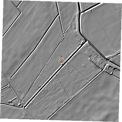 Shaded relief map of the ground around PE134UE, computed from Environment Agency LiDAR. The ground here sits at about 1 m above sea level and falls 5 m across the surrounding 800 m. Surface water reaching this point runs off ground lying to the north-east, 2.9 m higher.