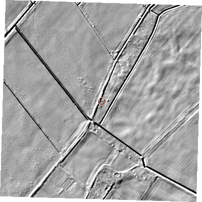 Shaded relief map of the ground around PE134UF, computed from Environment Agency LiDAR. The ground here sits at about 1 m above sea level and falls 4 m across the surrounding 800 m. Surface water reaching this point runs off ground lying to the south-south-west, 1.3 m higher.