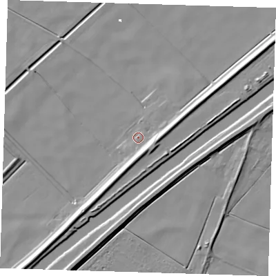 Shaded relief map of the ground around PE134UH, computed from Environment Agency LiDAR. The ground here sits at about 1 m above sea level and falls 8 m across the surrounding 800 m. Surface water reaching this point runs off ground lying to the east-south-east, 6.0 m higher.