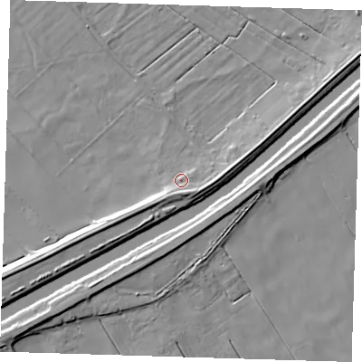 Shaded relief map of the ground around PE134UL, computed from Environment Agency LiDAR. The ground here sits at about 4 m above sea level and falls 7 m across the surrounding 800 m. Surface water reaching this point runs off ground lying to the south, 4.0 m higher.