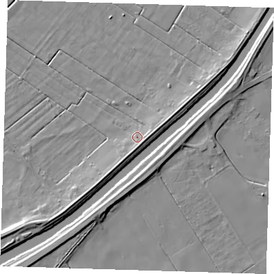 Shaded relief map of the ground around PE134UN, computed from Environment Agency LiDAR. The ground here sits at about 4 m above sea level and falls 7 m across the surrounding 800 m. Surface water reaching this point runs off ground lying to the south-east, 3.3 m higher.