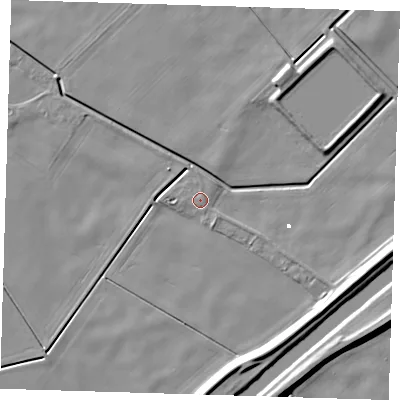 Shaded relief map of the ground around PE134UQ, computed from Environment Agency LiDAR. The ground here sits at about 1 m above sea level and falls 8 m across the surrounding 800 m. Surface water reaching this point runs off ground lying to the east-north-east, 0.8 m higher.