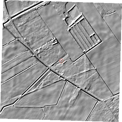 Shaded relief map of the ground around PE134XD, computed from Environment Agency LiDAR. The ground here sits at about 0 m above sea level and falls 5 m across the surrounding 800 m. Surface water reaching this point runs off ground lying to the north-north-west, 4.5 m higher.