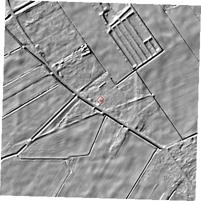 Shaded relief map of the ground around PE134XE, computed from Environment Agency LiDAR. The ground here sits at about 1 m above sea level and falls 5 m across the surrounding 800 m. Surface water reaching this point runs off ground lying to the south-south-west, 1.2 m higher.