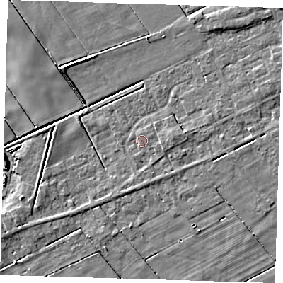 Shaded relief map of the ground around PE134XG, computed from Environment Agency LiDAR. The ground here sits at about 2 m above sea level and falls 5 m across the surrounding 800 m. Surface water reaching this point runs off ground lying to the east, 1.3 m higher.