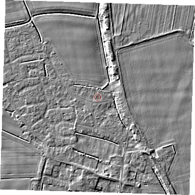 Shaded relief map of the ground around PE135AD, computed from Environment Agency LiDAR. The ground here sits at about 3 m above sea level and falls 5 m across the surrounding 800 m. The ground contributing surface water to this point lies to the south-south-west.