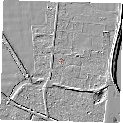 Shaded relief map of the ground around PE135AG, computed from Environment Agency LiDAR. The ground here sits at about 4 m above sea level and falls 7 m across the surrounding 800 m. Surface water reaching this point runs off ground lying to the south-south-east, 2.9 m higher.
