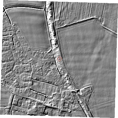 Shaded relief map of the ground around PE135AN, computed from Environment Agency LiDAR. The ground here sits at about 4 m above sea level and falls 5 m across the surrounding 800 m. Surface water reaching this point runs off ground lying to the south-south-east, 2.9 m higher.