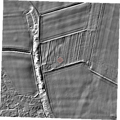 Shaded relief map of the ground around PE135AP, computed from Environment Agency LiDAR. The ground here sits at about 4 m above sea level and falls 4 m across the surrounding 800 m. Surface water reaching this point runs off ground lying to the south, 0.7 m higher.