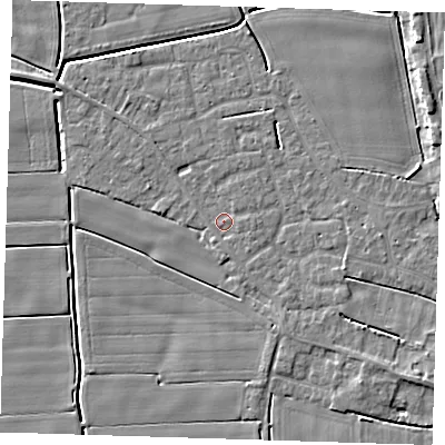 Shaded relief map of the ground around PE135AT, computed from Environment Agency LiDAR. The ground here sits at about 3 m above sea level and falls 5 m across the surrounding 800 m. Surface water reaching this point runs off ground lying to the east-south-east, 0.9 m higher.