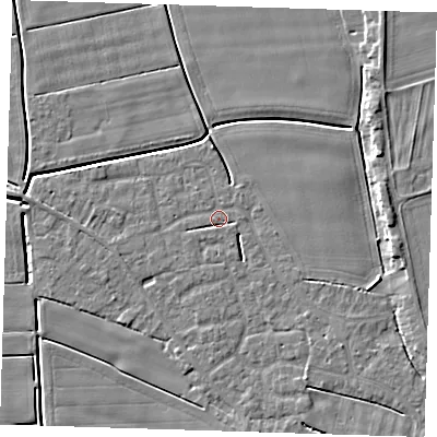 Shaded relief map of the ground around PE135AU, computed from Environment Agency LiDAR. The ground here sits at about 3 m above sea level and falls 5 m across the surrounding 800 m. Surface water reaching this point runs off ground lying to the east-south-east, 1.6 m higher.