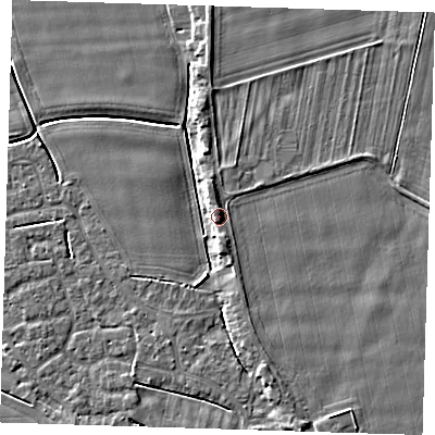 Shaded relief map of the ground around PE135AW, computed from Environment Agency LiDAR. The ground here sits at about 5 m above sea level and falls 5 m across the surrounding 800 m. Surface water reaching this point runs off ground lying to the north-north-west, 3.7 m higher.