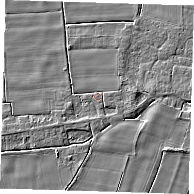 Shaded relief map of the ground around PE135AY, computed from Environment Agency LiDAR. The ground here sits at about 3 m above sea level and falls 6 m across the surrounding 800 m. Surface water reaching this point runs off ground lying to the east, 2.0 m higher.