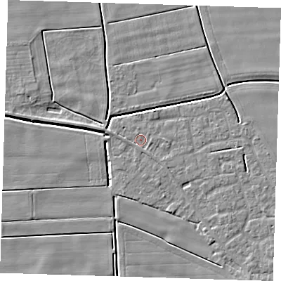 Shaded relief map of the ground around PE135BB, computed from Environment Agency LiDAR. The ground here sits at about 2 m above sea level and falls 4 m across the surrounding 800 m. Surface water reaching this point runs off ground lying to the east, 1.3 m higher.