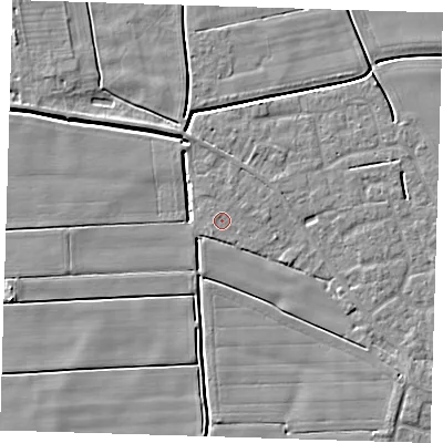 Shaded relief map of the ground around PE135BD, computed from Environment Agency LiDAR. The ground here sits at about 2 m above sea level and falls 4 m across the surrounding 800 m. Surface water reaching this point runs off ground lying to the east-north-east, 1.0 m higher.