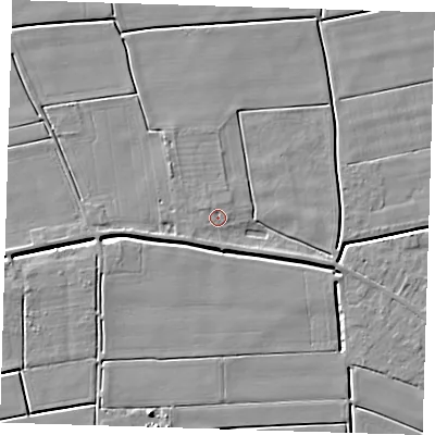 Shaded relief map of the ground around PE135BE, computed from Environment Agency LiDAR. The ground here sits at about 2 m above sea level and falls 5 m across the surrounding 800 m. Surface water reaching this point runs off ground lying to the south-south-west, 0.8 m higher.