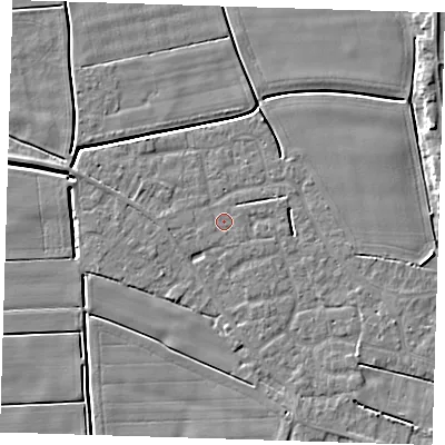 Shaded relief map of the ground around PE135BF, computed from Environment Agency LiDAR. The ground here sits at about 3 m above sea level and falls 5 m across the surrounding 800 m. Surface water reaching this point runs off ground lying to the east, 0.8 m higher.