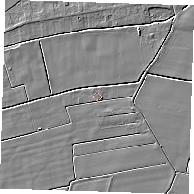 Shaded relief map of the ground around PE135BL, computed from Environment Agency LiDAR. The ground here sits at about 2 m above sea level and falls 6 m across the surrounding 800 m. Surface water reaching this point runs off ground lying to the east-south-east, 2.9 m higher.