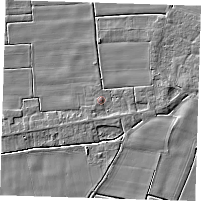 Shaded relief map of the ground around PE135BN, computed from Environment Agency LiDAR. The ground here sits at about 3 m above sea level and falls 6 m across the surrounding 800 m. Surface water reaching this point runs off ground lying to the east-south-east, 1.7 m higher.