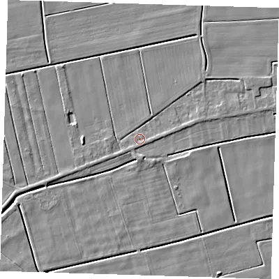 Shaded relief map of the ground around PE135BP, computed from Environment Agency LiDAR. The ground here sits at about 2 m above sea level and falls 5 m across the surrounding 800 m. Surface water reaching this point runs off ground lying to the south, 1.2 m higher.