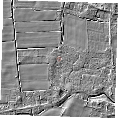 Shaded relief map of the ground around PE135BQ, computed from Environment Agency LiDAR. The ground here sits at about 3 m above sea level and falls 5 m across the surrounding 800 m. Surface water reaching this point runs off ground lying to the south-east, 2.3 m higher.