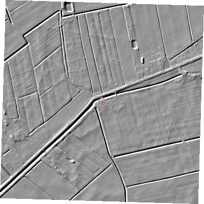 Shaded relief map of the ground around PE135BS, computed from Environment Agency LiDAR. The ground here sits at about 2 m above sea level and falls 4 m across the surrounding 800 m. Surface water reaching this point runs off ground lying to the south-west, 3.2 m higher.