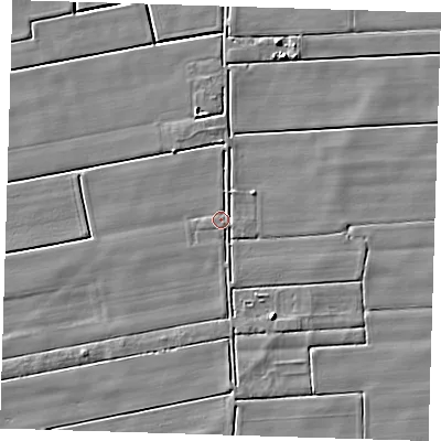 Shaded relief map of the ground around PE135BU, computed from Environment Agency LiDAR. The ground here sits at about 2 m above sea level and falls 5 m across the surrounding 800 m. Surface water reaching this point runs off ground lying to the south-east, 1.2 m higher.
