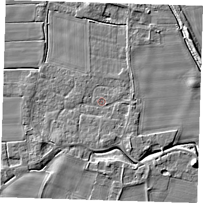 Shaded relief map of the ground around PE135DF, computed from Environment Agency LiDAR. The ground here sits at about 3 m above sea level and falls 9 m across the surrounding 800 m. Surface water reaching this point runs off ground lying to the east, 0.9 m higher.