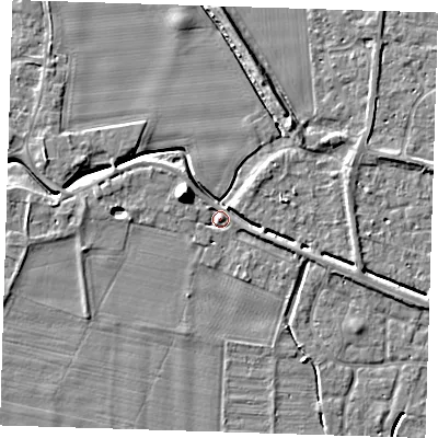 Shaded relief map of the ground around PE135DJ, computed from Environment Agency LiDAR. The ground here sits at about 4 m above sea level and falls 8 m across the surrounding 800 m. Surface water reaching this point runs off ground lying to the east-north-east, 3.6 m higher.