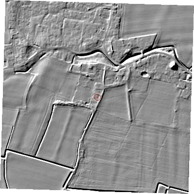 Shaded relief map of the ground around PE135DQ, computed from Environment Agency LiDAR. The ground here sits at about 3 m above sea level and falls 9 m across the surrounding 800 m. Surface water reaching this point runs off ground lying to the south, 1.3 m higher.