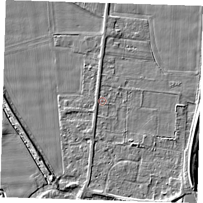 Shaded relief map of the ground around PE135DR, computed from Environment Agency LiDAR. The ground here sits at about 4 m above sea level and falls 7 m across the surrounding 800 m. Surface water reaching this point runs off ground lying to the south, 1.6 m higher.
