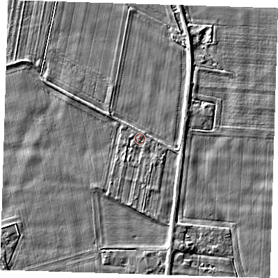 Shaded relief map of the ground around PE135DT, computed from Environment Agency LiDAR. The ground here sits at about 4 m above sea level and falls 2 m across the surrounding 800 m. Surface water reaching this point runs off ground lying to the south-south-east, 1.1 m higher.