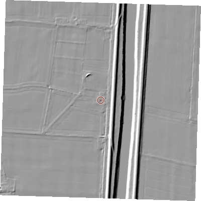 Shaded relief map of the ground around PE135DX, computed from Environment Agency LiDAR. The ground here sits at about 4 m above sea level and falls 8 m across the surrounding 800 m. Surface water reaching this point runs off ground lying to the east-south-east, 3.7 m higher.