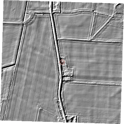 Shaded relief map of the ground around PE135DY, computed from Environment Agency LiDAR. The ground here sits at about 4 m above sea level and falls 3 m across the surrounding 800 m. Surface water reaching this point runs off ground lying to the south, 1.6 m higher.