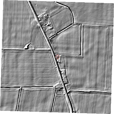Shaded relief map of the ground around PE135EB, computed from Environment Agency LiDAR. The ground here sits at about 4 m above sea level and falls 5 m across the surrounding 800 m. Surface water reaching this point runs off ground lying to the west-north-west, 1.8 m higher.