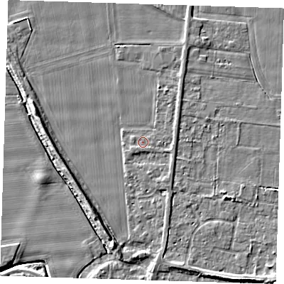Shaded relief map of the ground around PE135ED, computed from Environment Agency LiDAR. The ground here sits at about 4 m above sea level and falls 5 m across the surrounding 800 m. Surface water reaching this point runs off ground lying to the south-south-east, 1.2 m higher.