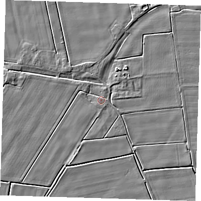 Shaded relief map of the ground around PE135EJ, computed from Environment Agency LiDAR. The ground here sits at about 3 m above sea level and falls 4 m across the surrounding 800 m. Surface water reaching this point runs off ground lying to the north-north-east, 1.2 m higher.