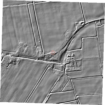 Shaded relief map of the ground around PE135EL, computed from Environment Agency LiDAR. The ground here sits at about 3 m above sea level and falls 4 m across the surrounding 800 m. Surface water reaching this point runs off ground lying to the west-south-west, 1.1 m higher.