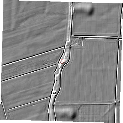 Shaded relief map of the ground around PE135ER, computed from Environment Agency LiDAR. The ground here sits at about 3 m above sea level and falls 5 m across the surrounding 800 m. Surface water reaching this point runs off ground lying to the south, 4.3 m higher.