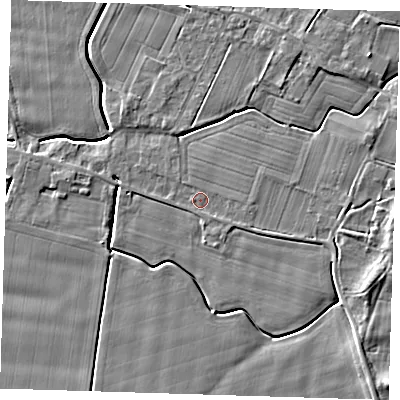 Shaded relief map of the ground around PE135ET, computed from Environment Agency LiDAR. The ground here sits at about 3 m above sea level and falls 6 m across the surrounding 800 m. Surface water reaching this point runs off ground lying to the east-south-east, 2.1 m higher.