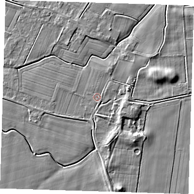 Shaded relief map of the ground around PE135EU, computed from Environment Agency LiDAR. The ground here sits at about 3 m above sea level and falls 6 m across the surrounding 800 m. Surface water reaching this point runs off ground lying to the east-north-east, 0.9 m higher.