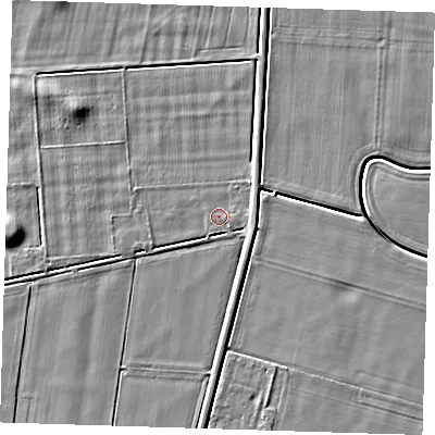 Shaded relief map of the ground around PE135EY, computed from Environment Agency LiDAR. The ground here sits at about 4 m above sea level and falls 5 m across the surrounding 800 m. Surface water reaching this point runs off ground lying to the east, 1.1 m higher.