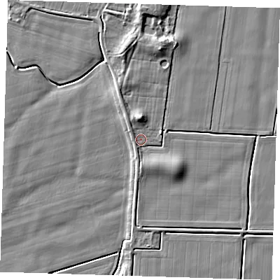 Shaded relief map of the ground around PE135EZ, computed from Environment Agency LiDAR. The ground here sits at about 4 m above sea level and falls 6 m across the surrounding 800 m. Surface water reaching this point runs off ground lying to the north, 2.7 m higher.